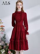 艾丽丝新年战袍宫廷风红色连衣裙2023冬季长袖气质中长款裙子
