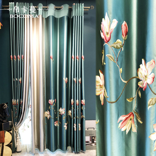 新中式复古别墅客厅卧室房间遮光仿真丝绣花窗帘窗纱成品飘窗定制