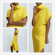 西班牙单2024秋季修身版型，羊毛长款气质连衣裙黄色长裙