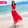 大红色沙滩裙2024三亚长裙巴厘岛长款显瘦雪纺，海边度假连衣裙
