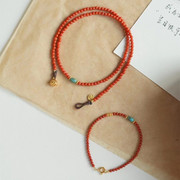 天然南红圆珠3mm珠子搭配绿松石，隔珠单圈手链项链时尚中国风款