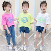 女童短袖t恤简单夏装韩版中大童字母棉，女童宝宝小学生上衣短袖