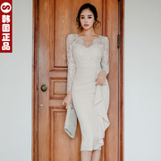 韩国礼服裙洋气名媛，连衣裙长袖蕾丝拼接荷叶，性感紧身包臀显瘦