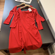 红色套头连衣裙女秋季连衣裙小众设计2023长款连衣裙 C#27
