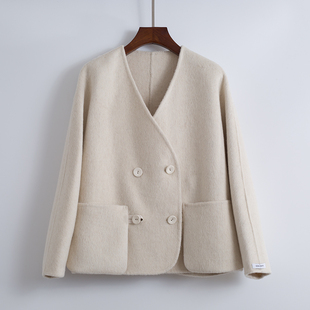 韩版双面羊绒大衣女，短款2023秋冬宽松小个子羊毛双排扣外套
