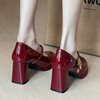 新年战鞋红色高跟鞋少女，粗跟2024年春季浅口法式气质漆皮单鞋
