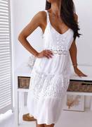 甜美夏季v领白色，镂空钩花蕾丝拼接无袖，吊带连衣裙沙滩裙dress