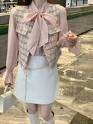 韩国ulzzang早春法式气质时尚圆领系带雪纺衬衫+格子马甲套装