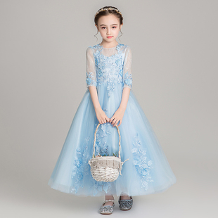 儿童晚礼服公主裙女童，蓬蓬纱花童婚纱，小女孩洋气蓝色连衣裙长款秋