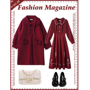 红色圣诞毛呢中长款外套女冬季2023设计感法式甜美收腰连衣裙