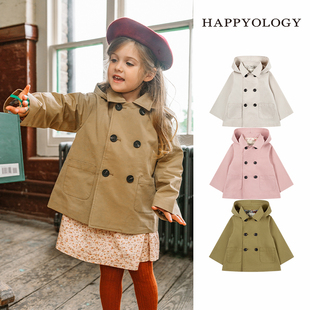 happyology英国童装休闲女童风衣，外套英伦风带帽，男童外套风衣