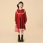 女童连衣裙秋冬季2023红色裙子，中大童娃娃领毛衣裙儿童公主裙