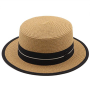 女士帽子夏季平顶英伦时尚礼帽韩版短檐包边草帽遮阳防晒沙滩帽