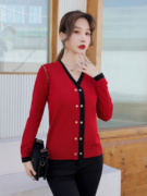 秋冬欧货英伦风长袖v领套头，显瘦气质女红色针织衫洋气上衣潮