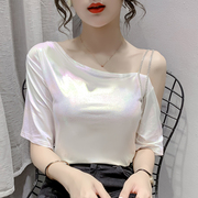 韩国短袖t恤女宽松2024年夏季洋气时尚，露肩小衫斜肩百搭上衣