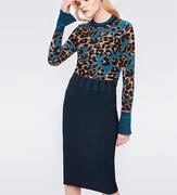 秋冬圆领海蓝豹纹荷叶，袖针织衫+包臀半裙