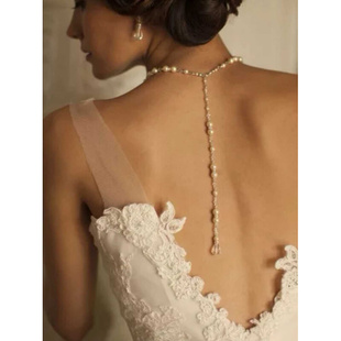 欧美珍珠水晶法式长款礼服婚纱，新娘项链后背链男女性感身体链