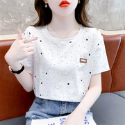 纯棉短袖t恤女夏装，2023宽松遮肚子印花设计感百搭体恤上衣潮