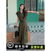 军绿工装小飞袖衬衫套装裙女夏季2024高级感显瘦半身裙两件套