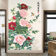 竖版壁画花开富贵国画牡丹花，新中式玄关走廊过道尽头装饰画墙贴画