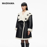 mashama2023秋冬女士设计感翻领修身皮毛，一体长款收腰大衣