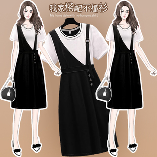 大码女装2024年夏季韩版撞色黑白拼接假两件时尚气质连衣裙子