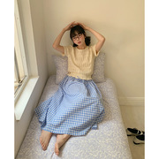 HWWW SHOP韩版小个子蓝色格子半身裙女夏季系带收腰a字中长裙