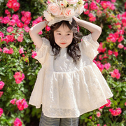 韩版女童复古泡袖夏蓬蓬(夏蓬蓬，)上衣甜美百搭短袖，绣花洋气甜美森系娃娃衫