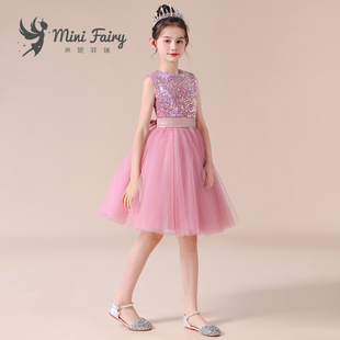 女童钢琴演出服主持人比赛小女孩，花童公主裙，粉色亮片短款新蓬蓬裙