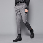 腰带设计潮男时装灰色修身那不勒斯西裤百搭九分英伦铅笔锥形裤