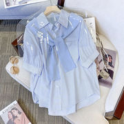 短袖夏季韩版假两件披肩上衣小众遮肚大码女装蓝色条纹衬衫女