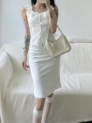 CrescentMoon辣妹套装纯白气质收腰显瘦连衣裙蕾丝背心鱼尾半身裙