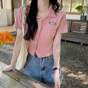粉色polo衫短袖t恤女夏季设计感小众，修身不规则v领短款上衣