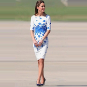 凯特王妃同款女装显瘦潮，夏季高端优雅气质蓝色印花短袖连衣裙
