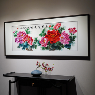 苏绣花开富贵新中式牡丹横板苏州纯手工刺绣客厅沙发背景墙装饰画