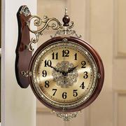 欧式双面客厅挂钟静音两面，时钟实木复古石英钟表，墙壁i钟表时尚创