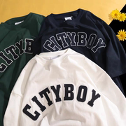 墨绿色字母刺绣短袖T恤男夏季复古日系CityBoy重磅美式潮牌五分袖