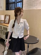 短袖衬衫百褶裙女夏新中式国风盘扣设计感小众法式短款上衣两件套
