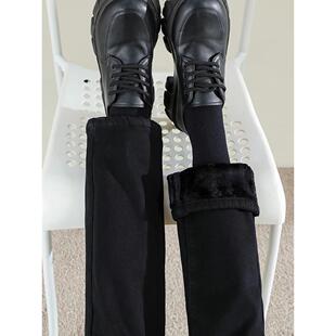 黑色加绒裤女冬季裤子显瘦女裤牛仔裤加厚窄版直筒裤高腰烟管裤
