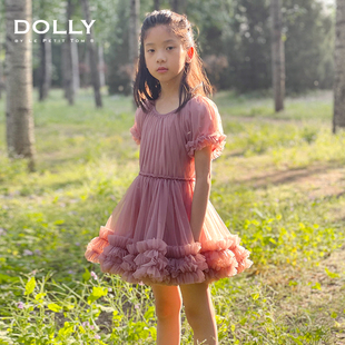 荷兰dolly女童连衣裙，夏季网纱蓬蓬裙粉色百褶公主，裙童装夏装裙子