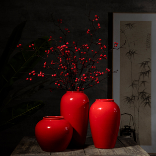 景德镇高档手工陶瓷红色花瓶，新中式婚庆装饰卧室客厅酒柜桌面摆件
