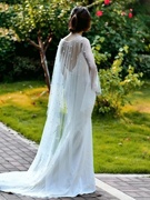 珍珠网纱系带薄款披肩新娘婚纱，礼服披风旅游拍照防晒宽松罩衫