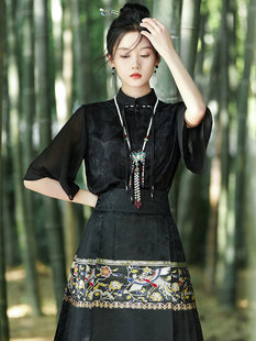 新中式国风提花盘扣立领衬衫配马面裙的衬衣女夏天复古半袖黑上衣