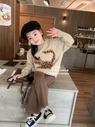韩系气质女童猫猫针织毛衣套头，毛衫宝宝卡其喇叭裤套装2023年秋冬