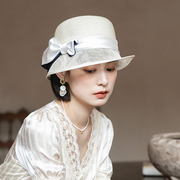 白色礼帽女夏季法式复古卷边麻纱草帽女士时尚防晒遮阳帽优雅帽子