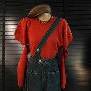 十三行秋装温柔风圆领套头，短袖外搭袖套宽松韩版红色针织衫上衣女