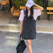 韩国chic减龄可爱复古百搭口袋牛仔黑色，减龄背带裙吊带连衣裙短裙