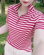 2024夏季网红同款立领短袖t恤女宽松显瘦百搭条纹拉链上衣潮T