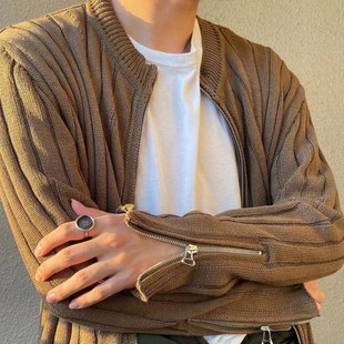 rtimkiko复古棕色条纹，拉链开衫毛衣，cleanfit欧美潮羊毛针织外套