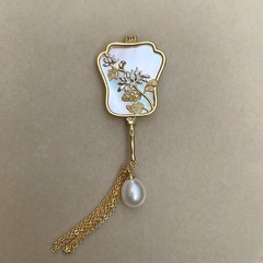 10mm超精湛工艺无暇水滴形天然白色珍珠胸针胸花贝壳中国风扇子